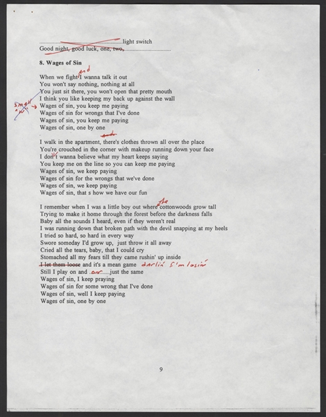 Bruce Springsteen Hand Annotated "Wages of Sin" Lyrics