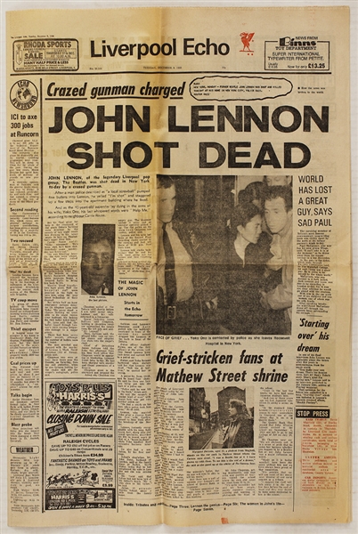 Michael Jackson Owned "John Lennon Shot Dead" Original Liverpool Echo Newspaper 