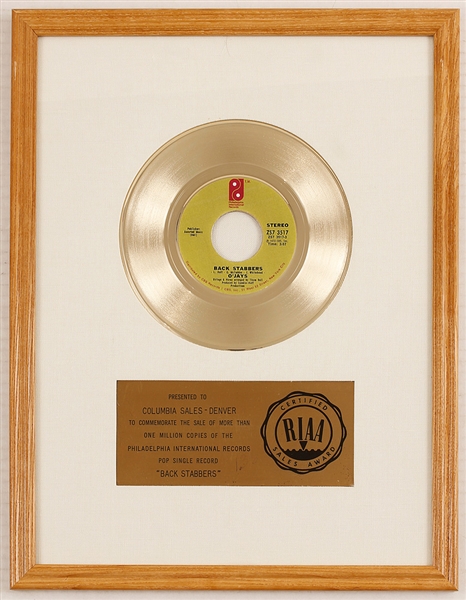 OJays "Backstabbers" Original RIAA White Matte Gold Single Record Award