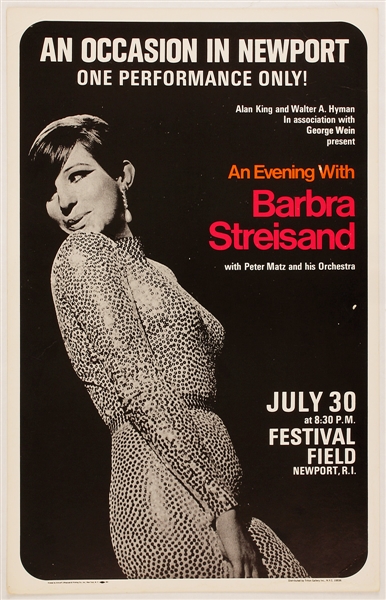 Barbra Streisand Original 1966 Newport, R.I. Cardboard Concert Poster
