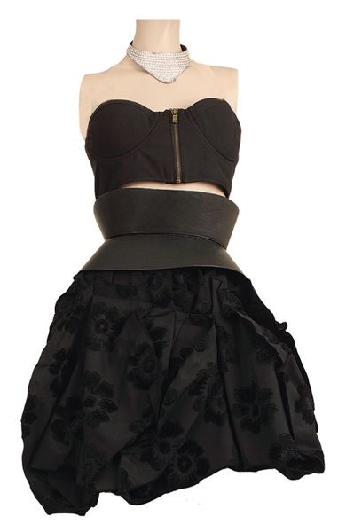 Nicki Minaj "Pink Friday Tour" Stage Worn Custom Made Black Skirt, Wide Belt and Crystal Necklace
