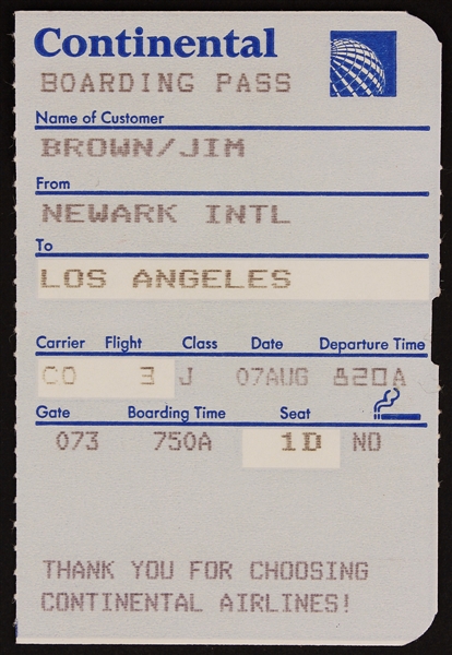 Jim Brown Original Continental Airlines Boarding Pass