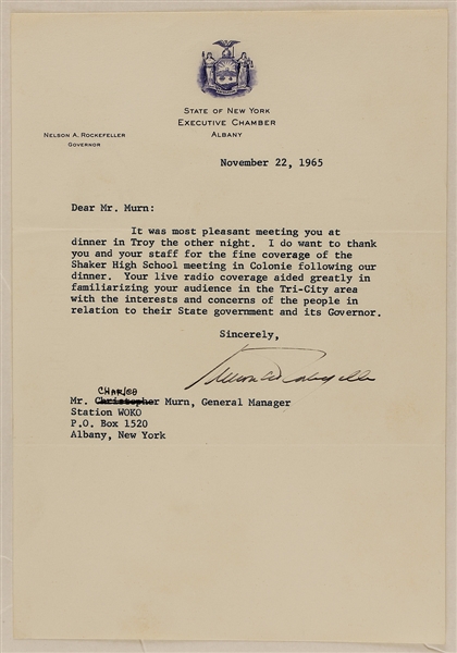 Governor Nelson Rockefeller 1965 Signed Letter