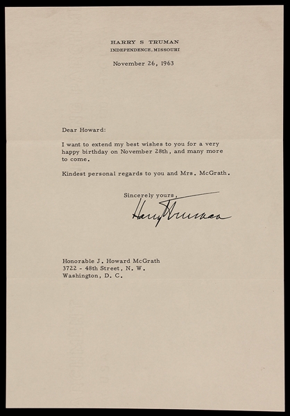 President Harry S. Truman Signed Letter