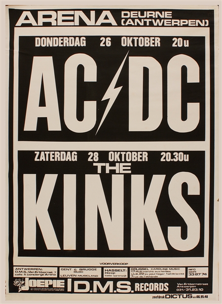 AC/DC Early 1978 Powerage Tour Original Concert Paste-Up Poster Also Featuring The Kinks Early Paste-Up Concert Poster