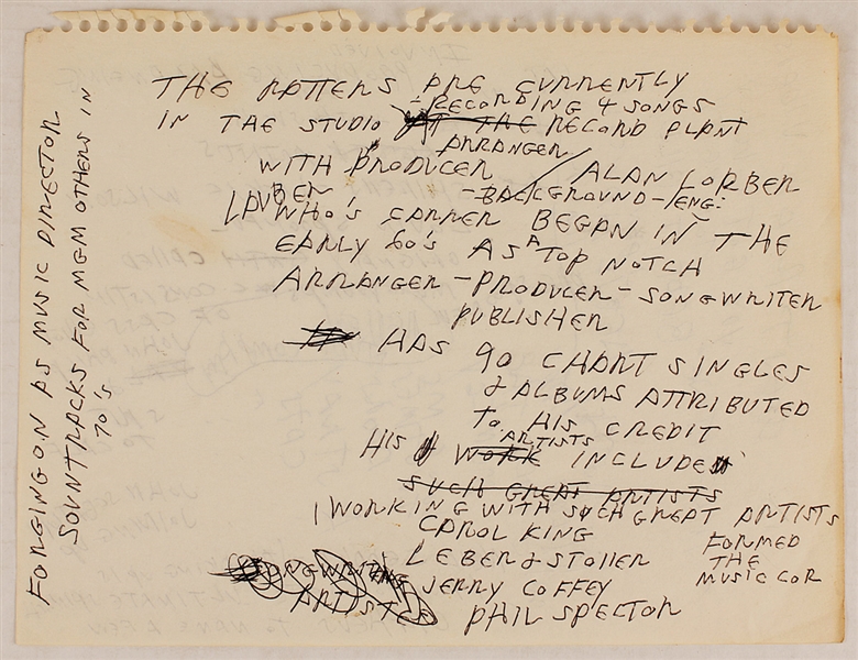 Joey Ramone Handwritten Song Lyrics and Album Notes
