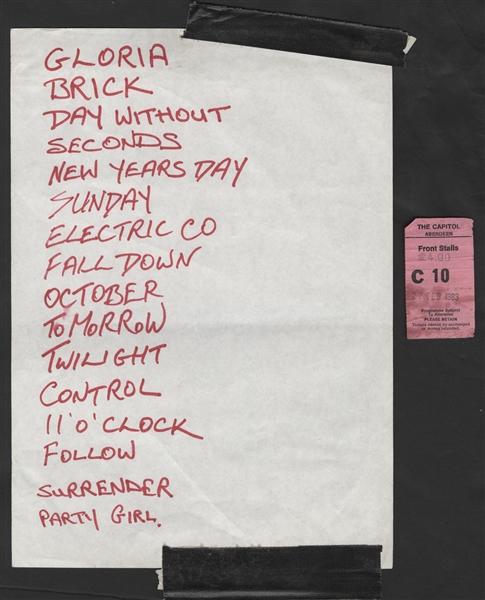 U2 War Tour Stage Used Handwritten Set List With Ticket
