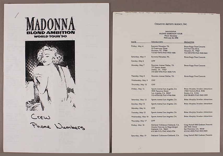 Madonna Personally Used Original "Blonde Ambition Tour" Original Itinerary and Crew Contact List
