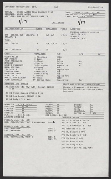 Madonna Personally Used Original Call Sheet for Woody Allens "Shadows and Fog"