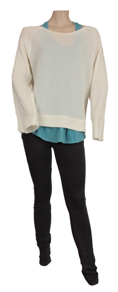 Christina Aguilera "Burlesque" Screen Worn Black Jeans, Teal Racer Back Tank Top and White Oversized Sweater