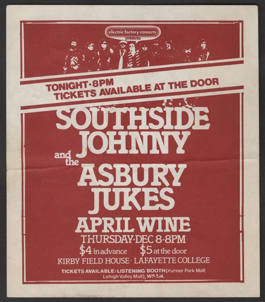 Southside Johnny and the Asbury Jukes Original Lafayette College Concert Handbill