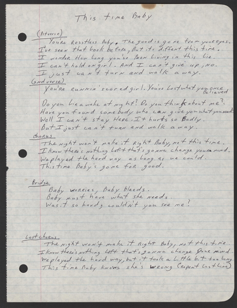 Southside Johnny Handwritten Original "This Time Baby" Lyrics From The Album "Hearts Of Stone"