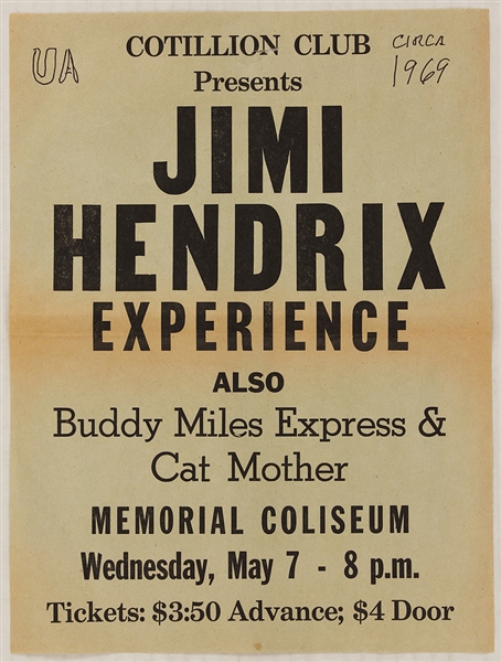 Jimi Hendrix Experience Original 1969 Tuscaloosa Memorial Coliseum Concert Poster
