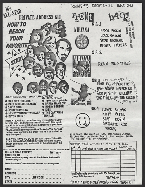 Nirvana Rare Original "Nevermind Tour" 1991 Tour T-Shirt Order & Concert Flyer
