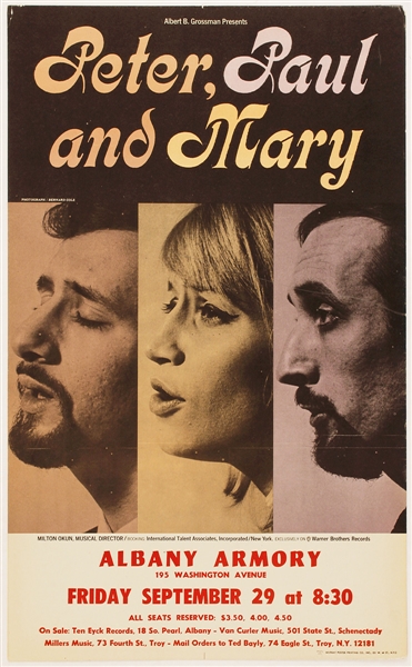 Peter, Paul and Mary Original Albany Armory Circa 1960s Cardboard Concert Poster