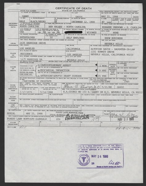 Sammy Davis, Jr. Original Official Copy of Certified Death Certificate