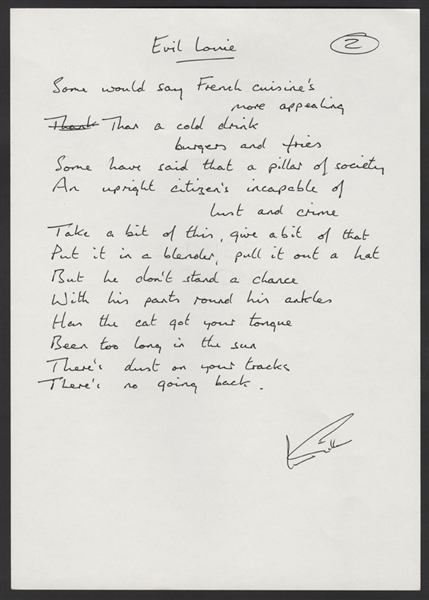 Deep Purple Ian Gillen Handwritten & Signed "Evil Louie" Lyrics