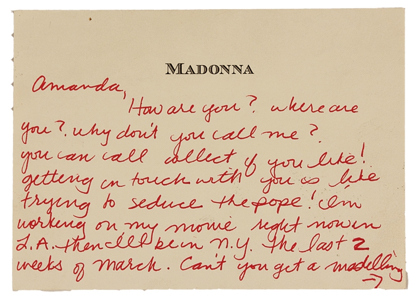 Madonna " Trying To Seduce The Pope" Handwritten Love Letter to Amanda Cazalet