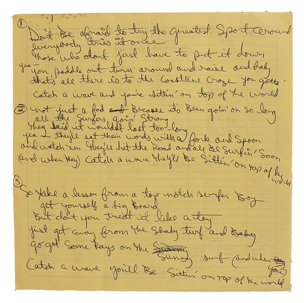 Beach Boys Brian Wilson "Catch A Wave" 1963 Handwritten Working Lyrics