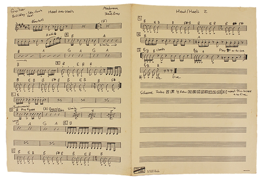 Madonna and Stephen Bray Original Handwritten "Head Over Heels" Music Score, Circa 1980