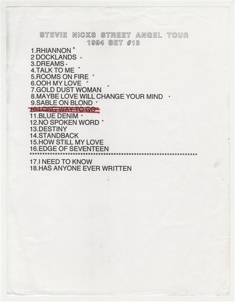 Stevie Nicks Hand Annotated Street Angel Tour Set List