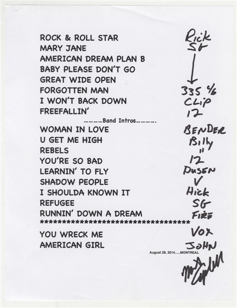 Tom Petty Hand Annotated Original Concert Set List