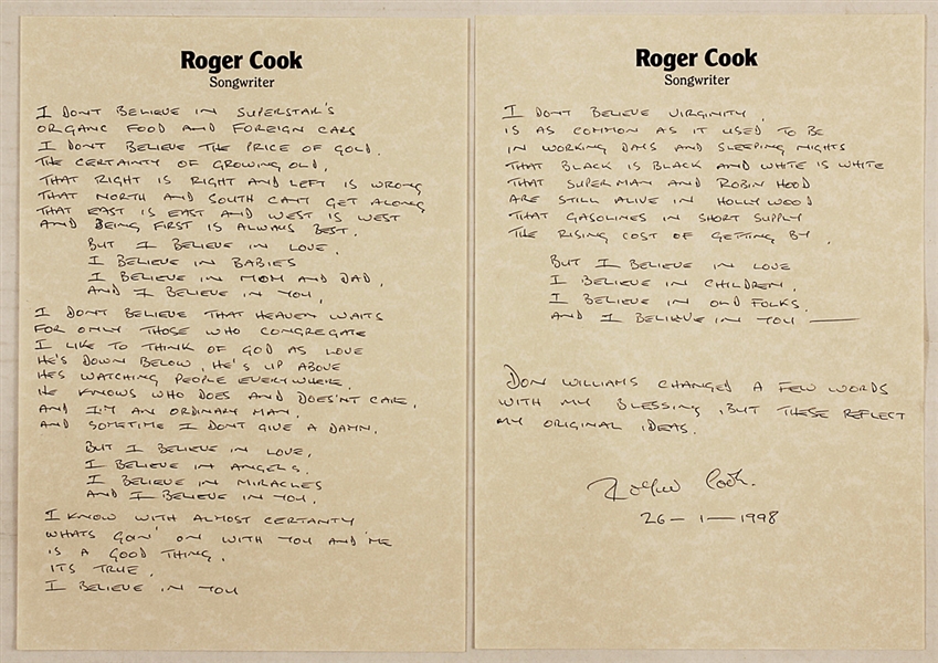 Roger Cook "I Believe In Love" Handwritten & Signed Lyrics
