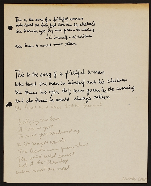 Leonard Cohen Early 1970s Handwritten Lyrics