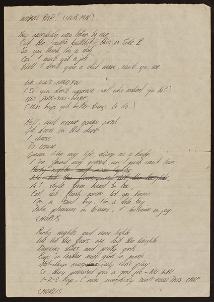 George Michael Handwritten Working Lyrics for Wham Debut Single "Wham Rap! (Enjoy What You Do)"