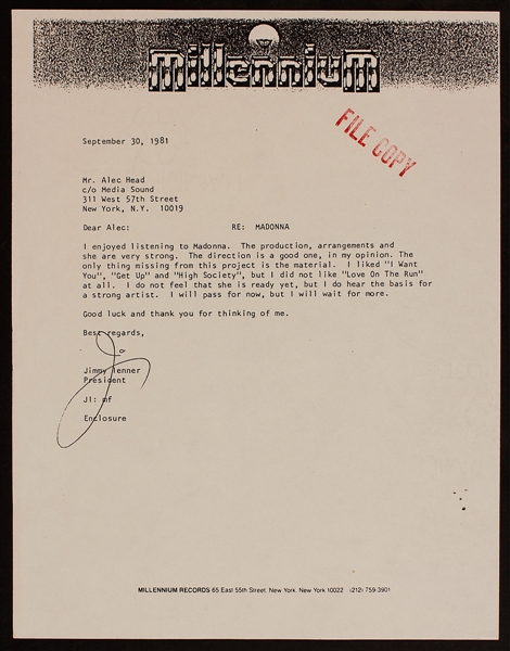 Madonna Original 1981 Millenium Records Rejection Letter File Copy