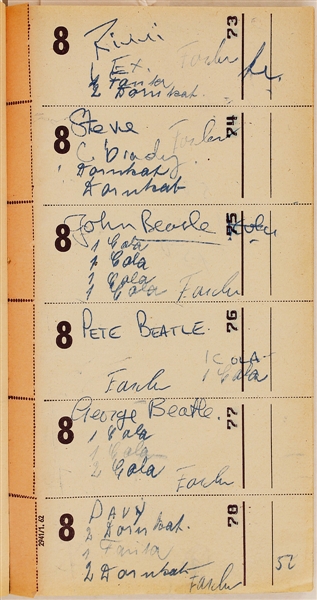 Beatles Signed Original Star-Club Waiters Order Book