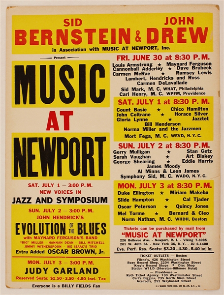 Judy Garland/John Coltrane 1961 Original "Music at Newport" Jazz Festival Cardboard Poster