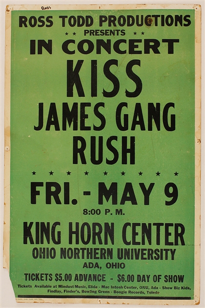 KISS/Rush/James Gang Extremely Rare Original 1975 Concert Poster