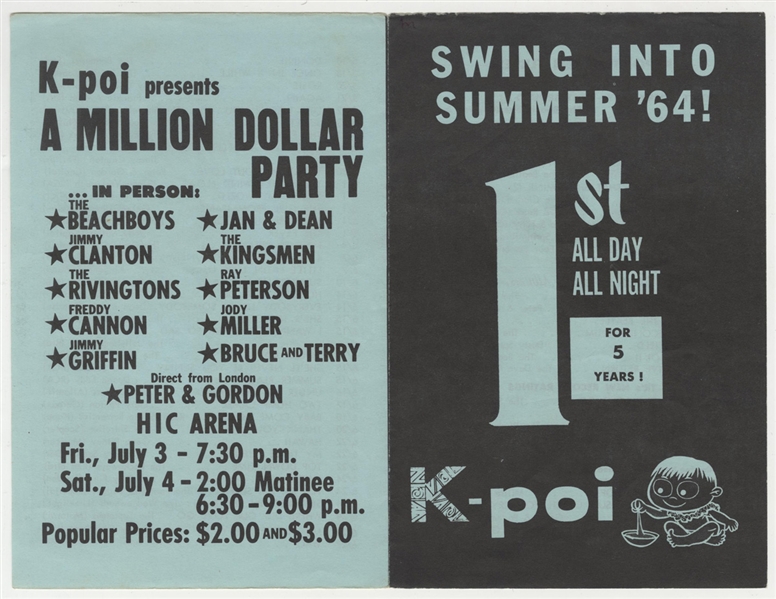 "Swing into Summer 64" Original Hawaiian Concert Flyer Featuring The Beach Boys/Jan and Dean/The Kingsmen Original Concert Flyer