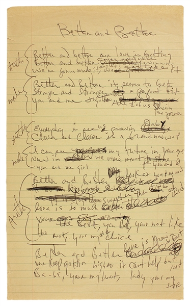 Aretha Franklin Handwritten Working Lyrics Titled "Better and Better"