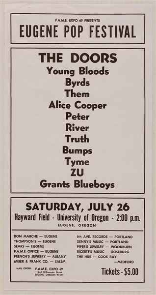 The Doors, The Byrds, Alice Cooper and More Original Eugene Pop Festival Concert Poster 