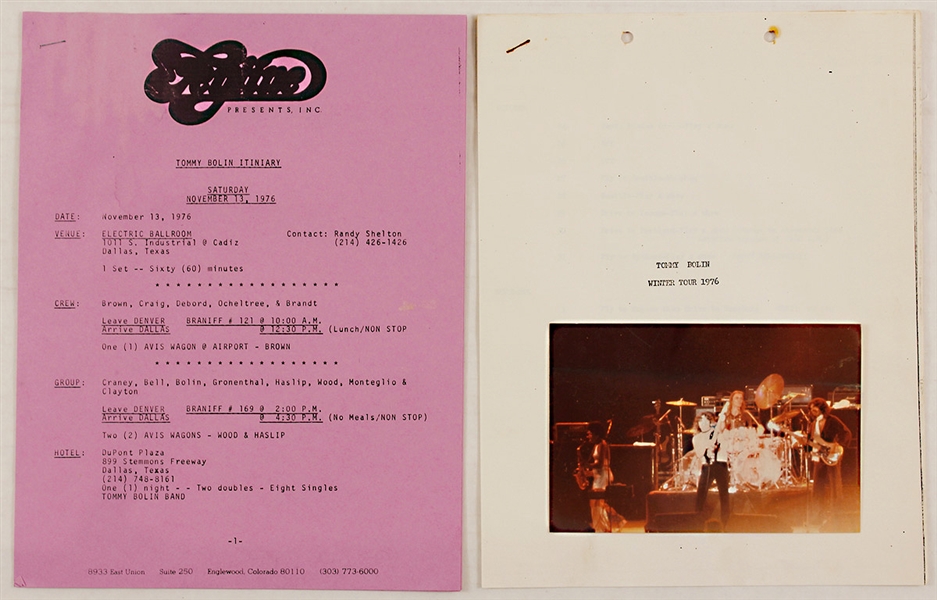 Tommy Bolins Personal 1976 Tour Itineraries and CBS Records Earnings Documents With John Bolin Signed Picture 