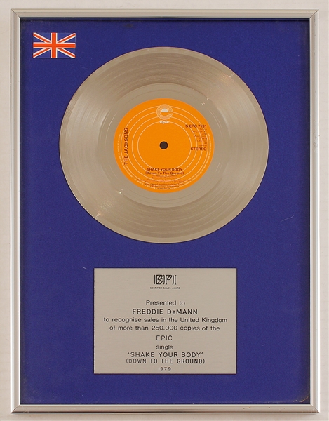The Jacksons "Shake Your Body" (Down to the Ground) Original BPI Platinum Record Award Presented to Freddy DeMann