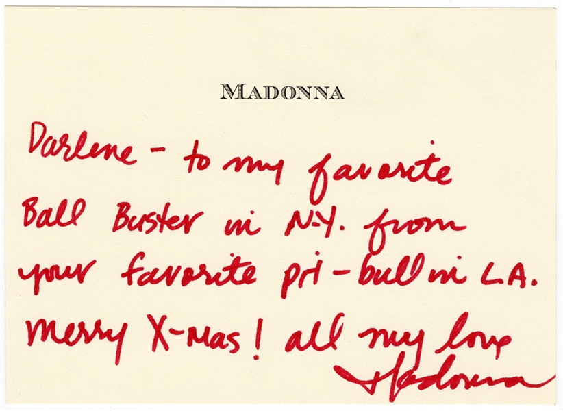 Madonna Handwritten & Signed Personal Note Card to Darlene Lutz 