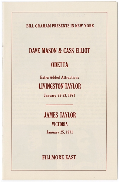 Dave Mason/Cass Elliot/James Taylor Original 1971 Fillmore East Concert Program