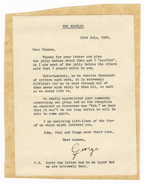 George Harrison 1963 typed Letter to a Beatles Fan Signed by his Mother  