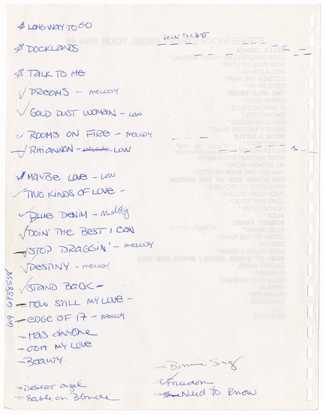 Stevie Nicks 1994 Street Angel Tour Handwritten Songs Added to Set List 