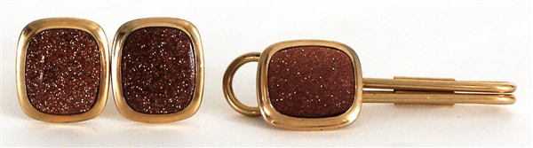James Brown Owned and Worn Golden Cuff Links and Tie Clip 