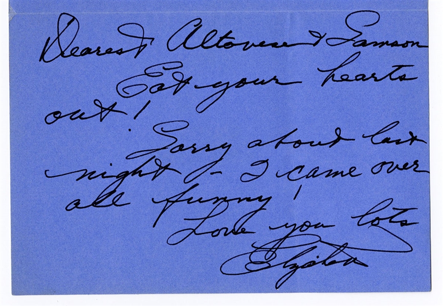 Elizabeth Taylor Handwritten & Signed Noted to Sammy Davis, Jr. and Wife Altovise