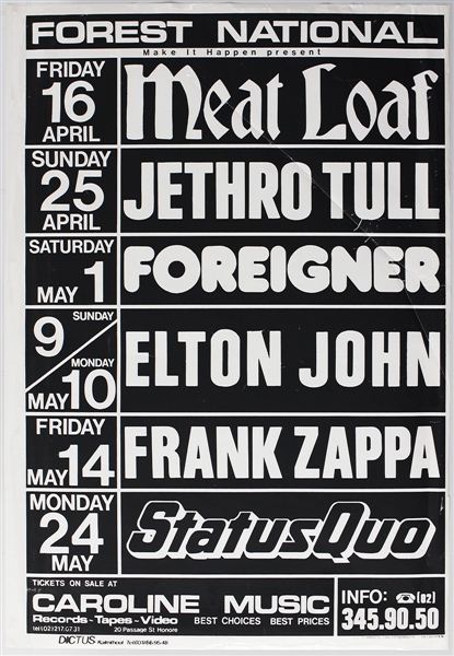 Frank Zappa/Meatloaf/Jethro Tull/Foreigner/Elton John Original Concert Poster