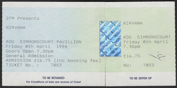 Nirvana Original Unused 1994 Simmonscourt Pavilion, Dublin Concert Ticket