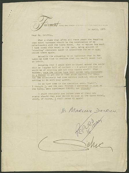 Marlene Dietrich Fax Copy of Original Letter