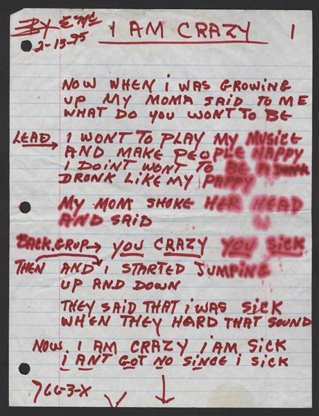 Bo Diddley Handwritten "Bo Diddley Is Crazy" Lyrics