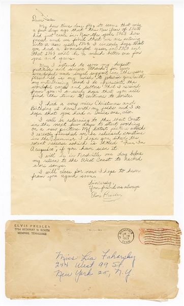 Elvis Presley Original 1963 Secretarial Signed and Handwritten Letter to a Fan with Post-Dated Envelope