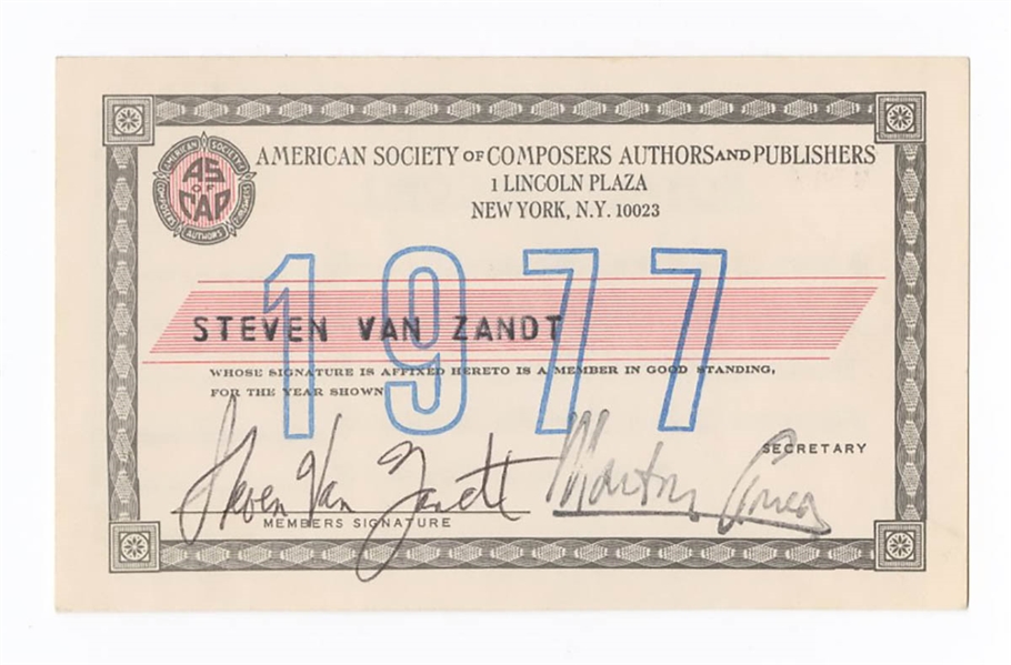 Steven Van Zandt Signed Personally Owned 1977 ASCAP Card